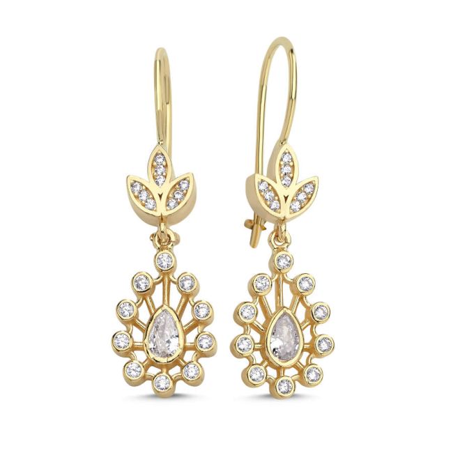 14 Ayar Altın Vintage Damla Taşlı Çengelli Küpe - 1