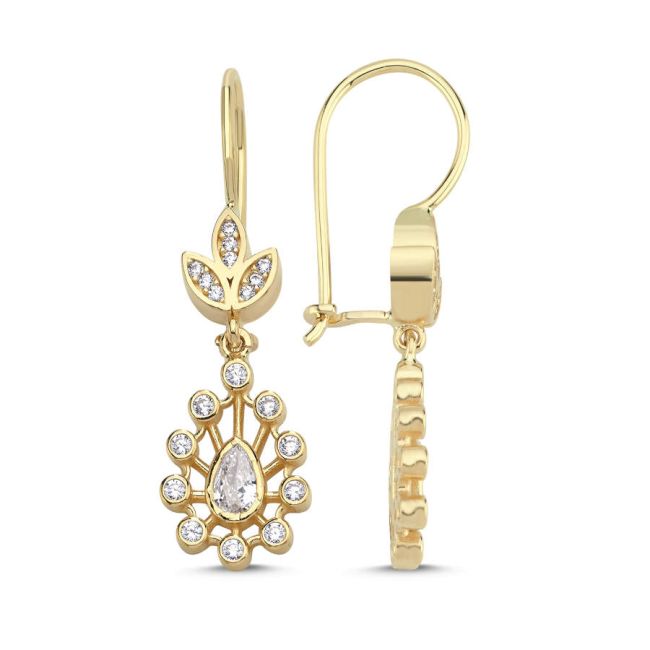 14 Ayar Altın Vintage Damla Taşlı Çengelli Küpe - 2