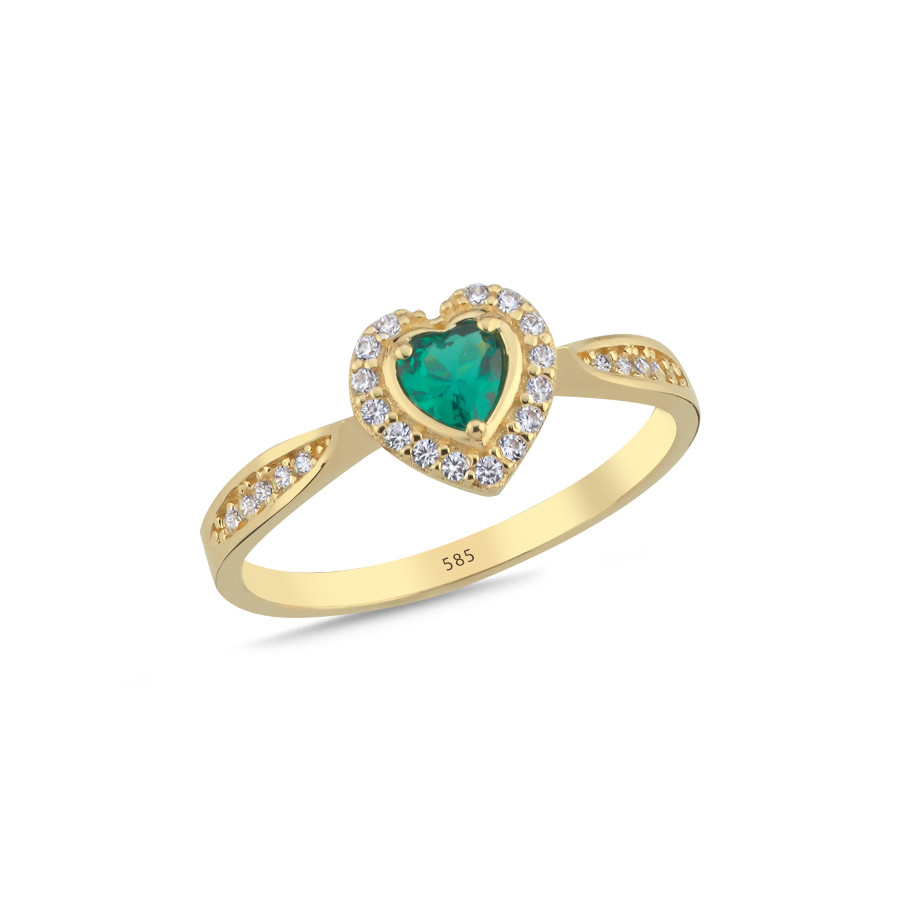 14 Ayar Altın Yeşil Kalp Yüzük - CNG Jewels