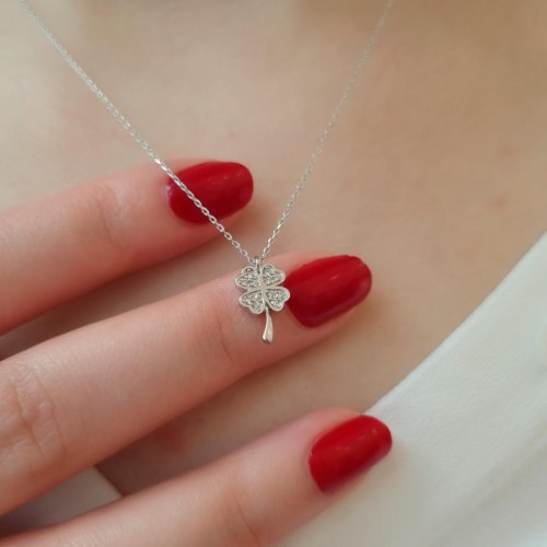 14 Ayar Beyaz Altın Dört Yaprak Yonca Kolye - 3