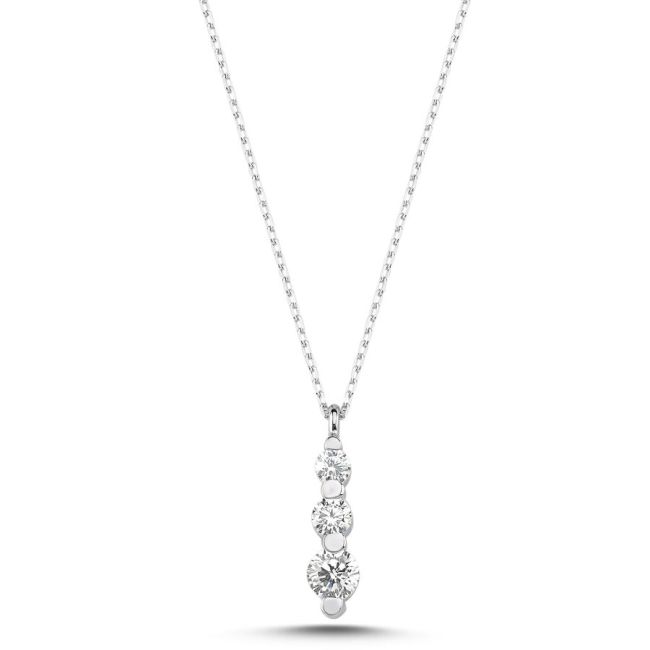 14 Ayar Beyaz Altın Minimal Süzme Tria Taşlı Kolye - 1