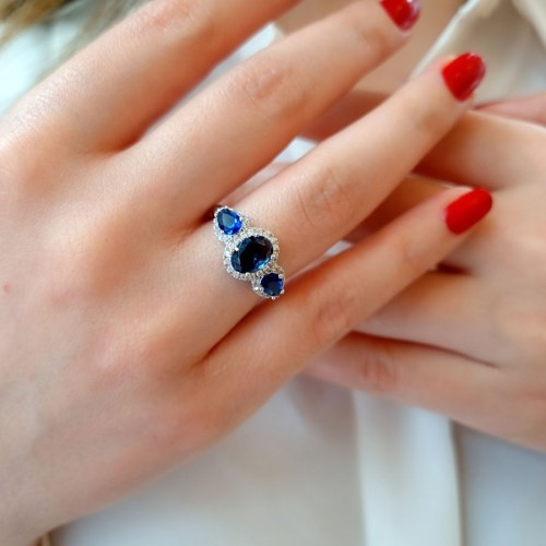 14 Ayar Beyaz Altın Tria Safir Anturaj Yüzük - 3