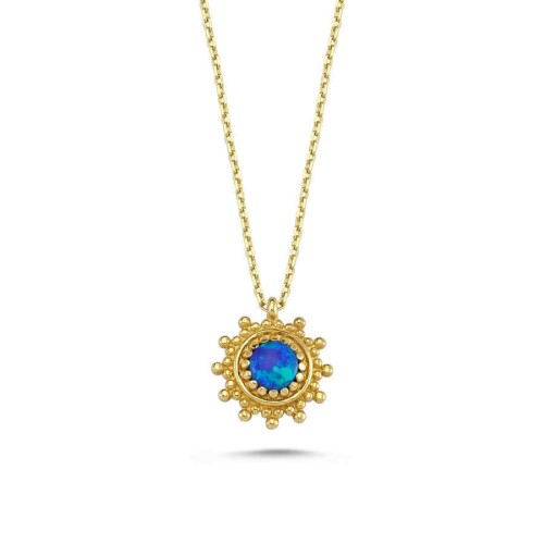 14K Gold Blue Opal Stone Small Sun Necklace - 1