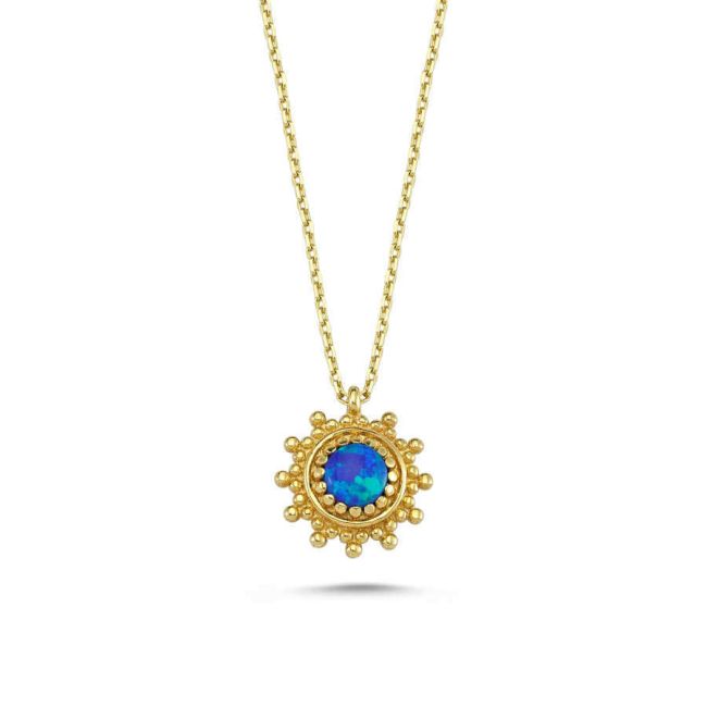 14K Gold Blue Opal Stone Small Sun Necklace - 1