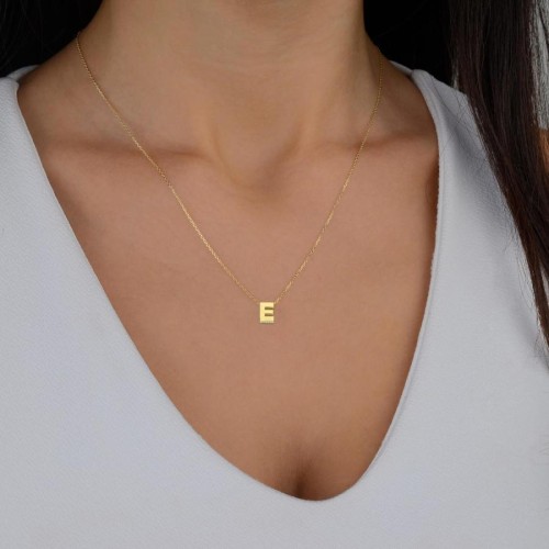 14k Gold İntial Letter E Necklace - Thumbnail
