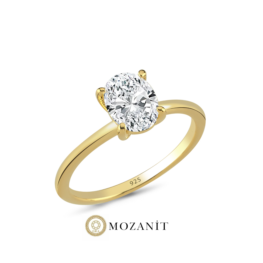 1.5 Karat Mozanit Oval Tektaş Gold Gümüş Yüzük - CNG Jewels