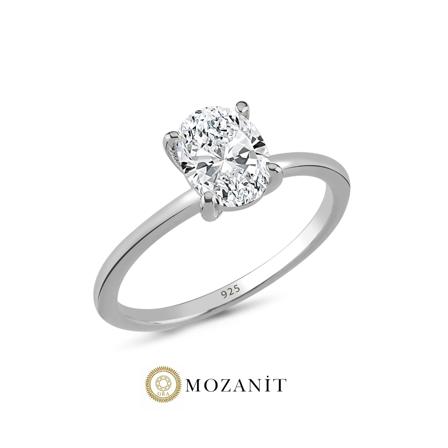 1.5 Karat Mozanit Oval Tektaş Gümüş Yüzük - CNG Jewels