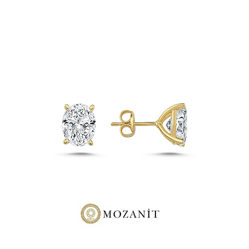 2 Karat Mozanit Oval Tektaş Gold Gümüş Küpe - CNG Jewels