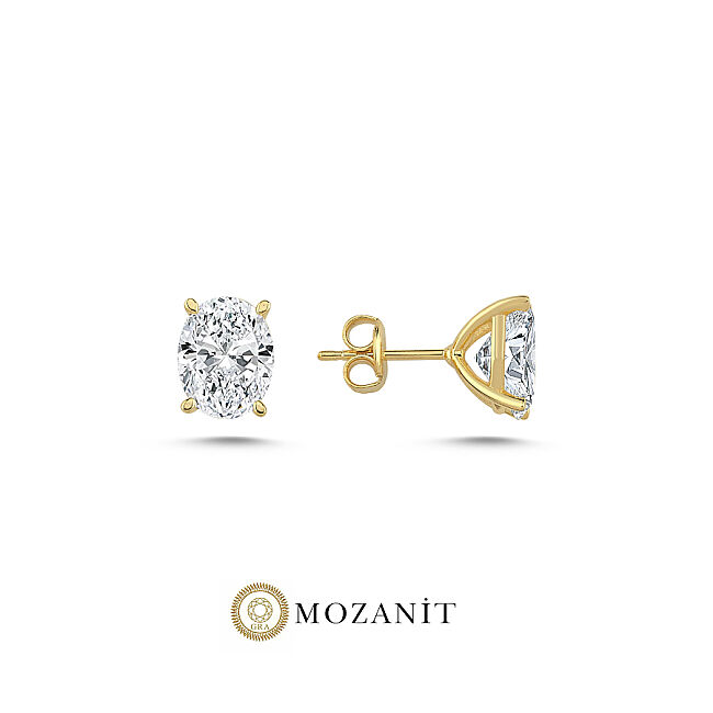 2 Karat Mozanit Oval Tektaş Gold Gümüş Küpe - 1
