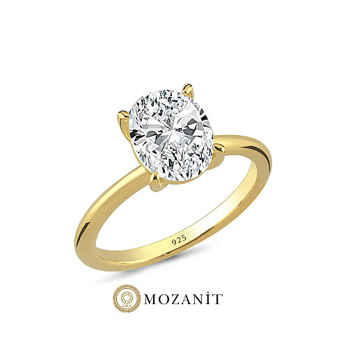 2 Karat Mozanit Oval Tektaş Gold Gümüş Yüzük - CNG Jewels