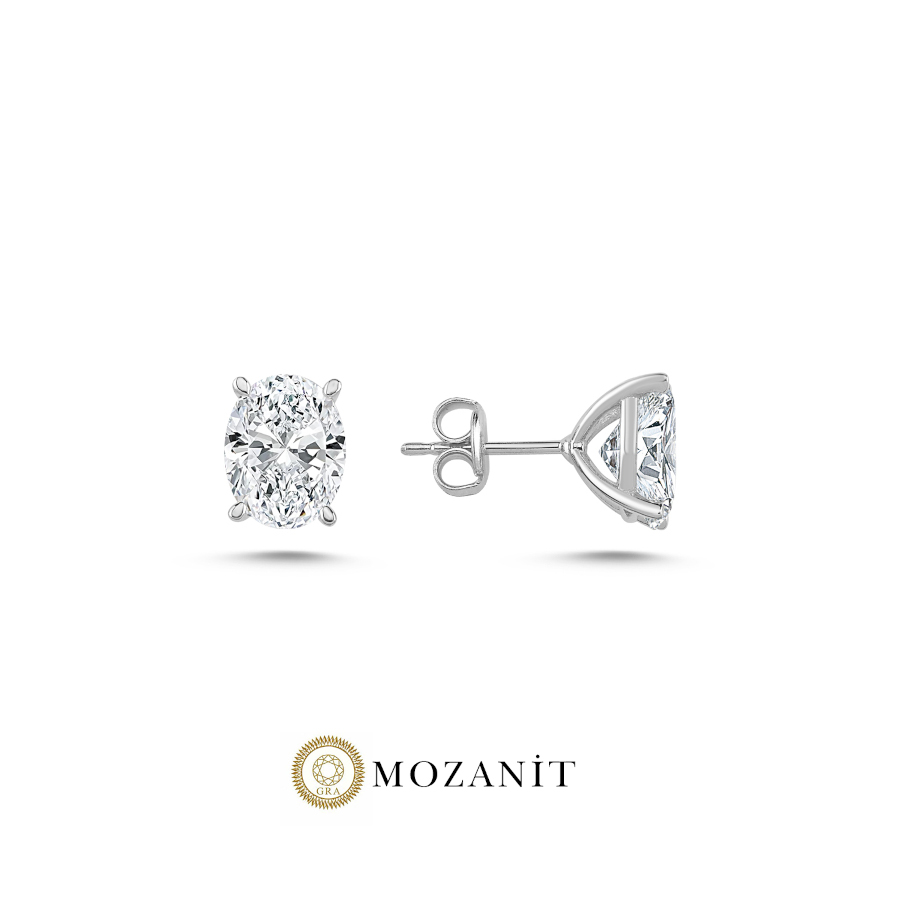 2 Karat Mozanit Oval Tektaş Gümüş Küpe - CNG Jewels