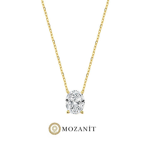 2 Karat Mozanit Oval Tektaş Gold Gümüş Kolye - CNG Jewels