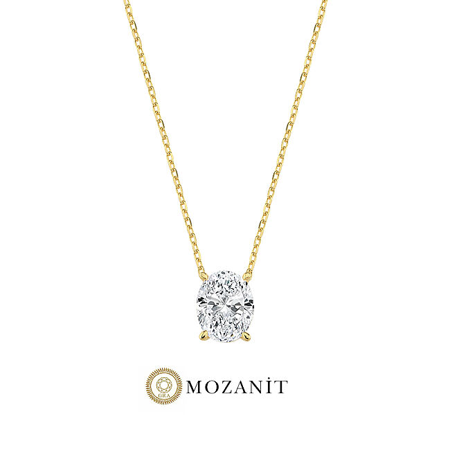 2 Karat Mozanit Oval Tektaş Gold Gümüş Kolye - 1