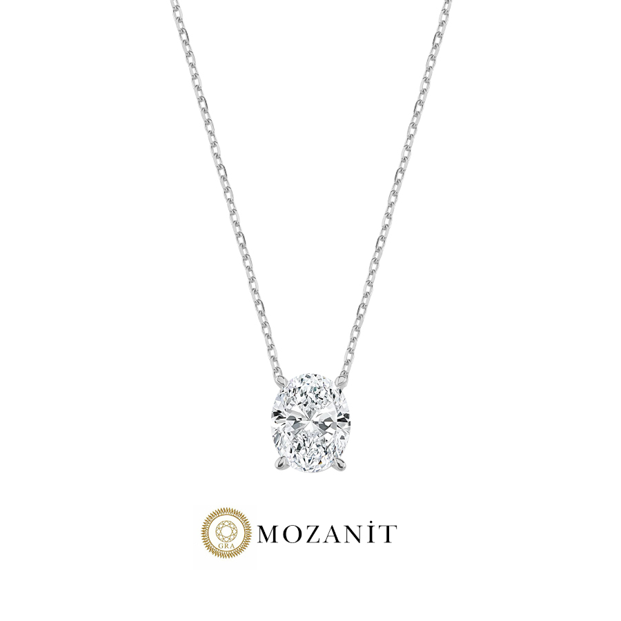 2 Karat Mozanit Oval Tektaş Gümüş Kolye - CNG Jewels