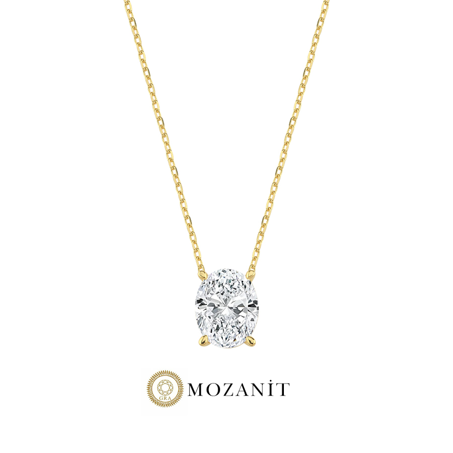 3 Karat Mozanit Oval Tektaş Gold Gümüş Kolye - CNG Jewels