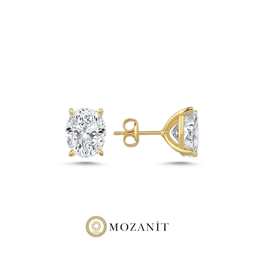 3 Karat Mozanit Oval Tektaş Gold Gümüş Küpe - CNG Jewels