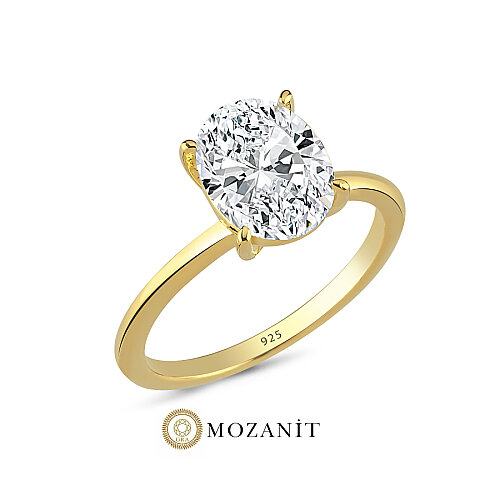 3 Karat Mozanit Oval Tektaş Gold Gümüş Yüzük - CNG Jewels