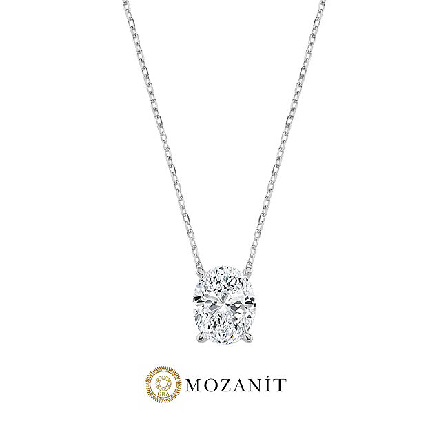 3 Karat Mozanit Oval Tektaş Gümüş Kolye - 1
