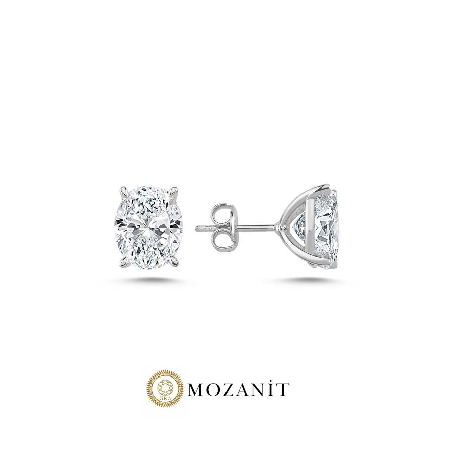 3 Karat Mozanit Oval Tektaş Gümüş Küpe - CNG Jewels