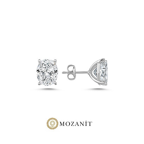 3 Karat Mozanit Oval Tektaş Gümüş Küpe - CNG Jewels