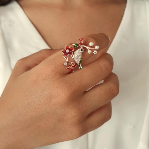 CNG Jewels - Ağaç Dalında Kuş Kırmızı Çiçek Kelebek Yusufçuk Gümüş Bayan Yüzük