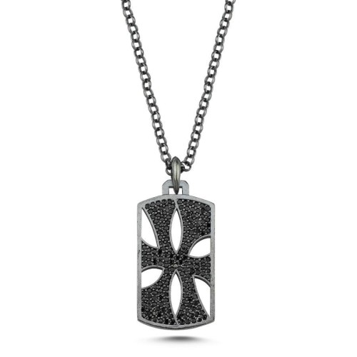 CNG Jewels - Ajurlu Siyah Taşlı Dikdörtgen Plaka Tasarım Gümüş Erkek Kolye