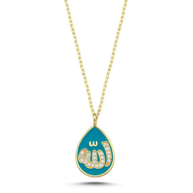 Allah Lafzı Damla Mavi Mineli Gümüş Kadın Kolye - 1
