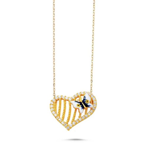 CNG Jewels - Altın Yaldızlı Kelebekli Kalp Gümüş Bayan Kolye