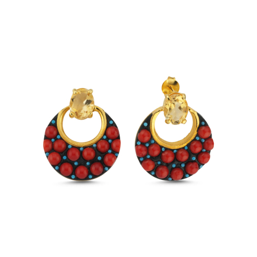 Amalfi Mercan Sitrin Taşlı Özel Tasarım Gümüş Küpe - 1