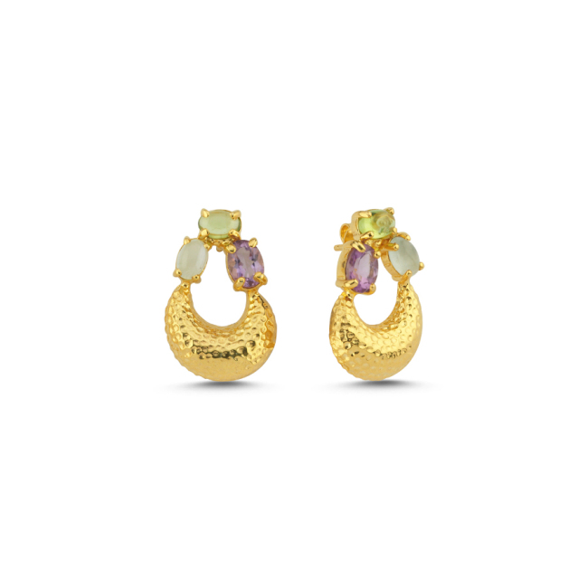 Ametist Akuamarin Peridot Taşlı Luna Gümüş Küpe - 1