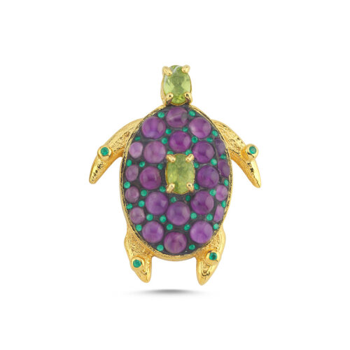 Ametist Peridot Taşlı Tasarım Caretta Kaplumbağa Gümüş Kolye Ucu - CNG Jewels