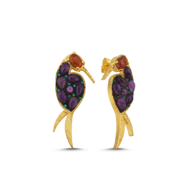 Ametist Taşlı Ağaçkakan Kuşu Tasarım Gümüş Küpe - 1