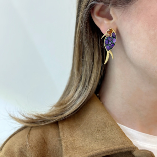 Ametist Taşlı Ağaçkakan Kuşu Tasarım Gümüş Küpe - 2