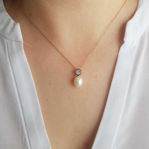 Antik Tektaş Damla Gerçek İnci Kadın Gümüş Kolye - CNG Jewels
