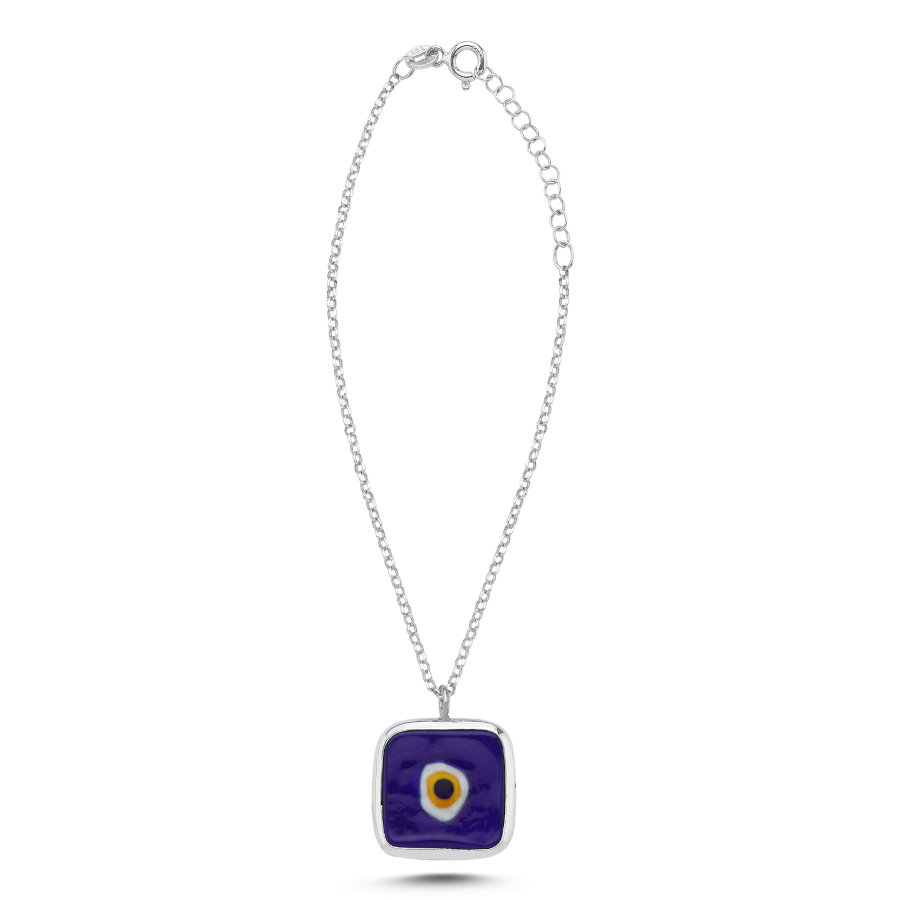 Car Mirror Ornament Double Sided Navy Blue Square Silver Evil Eye Bead - CNG Jewels