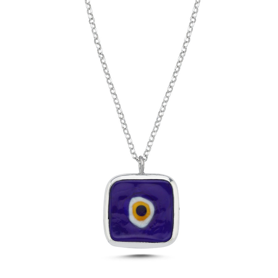 Car Mirror Ornament Double Sided Navy Blue Square Silver Evil Eye Bead - CNG Jewels (1)