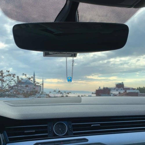 Araba Ayna Süsü Kübik Zar Gümüş Mavi Nazar Boncuğu - Thumbnail