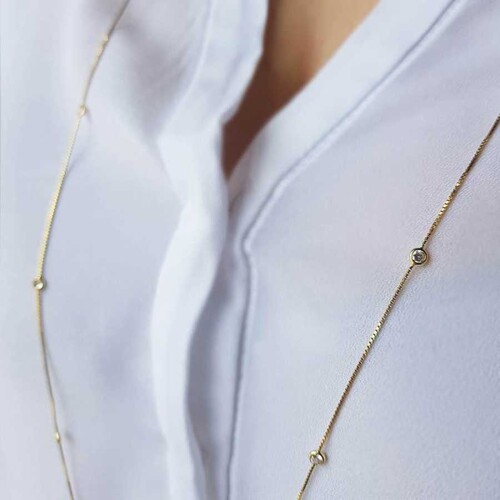 CNG Jewels - Araları Taşlı Altın Rengi Uzun Zincir Gümüş Bayan Kolye