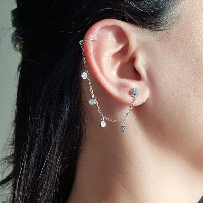Aralıklı Taşlı Zincir Kıkırdak Cuff Gümüş Küpe - 2