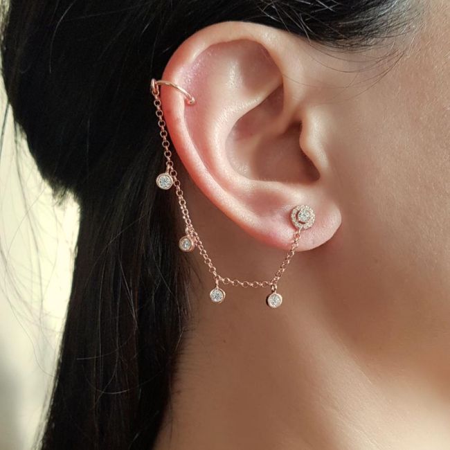 Aralıklı Taşlı Zincir Kıkırdak Cuff Rose Gümüş Küpe - 1