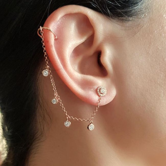 Aralıklı Taşlı Zincir Kıkırdak Cuff Rose Gümüş Küpe - 2