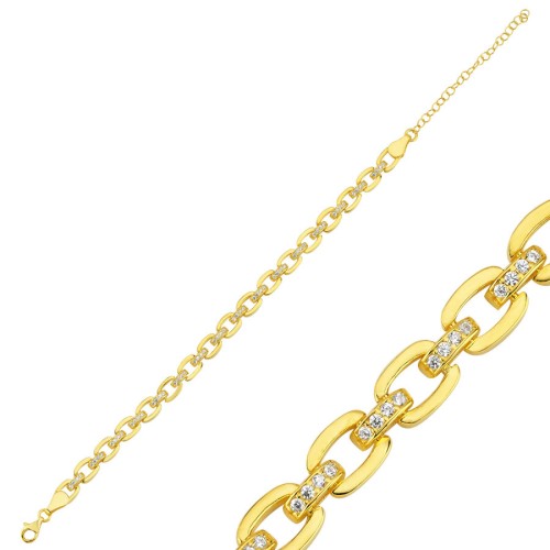 CNG Jewels - Arası Taşlı İtalyan Halkalı Gold Kadın Gümüş Bileklik