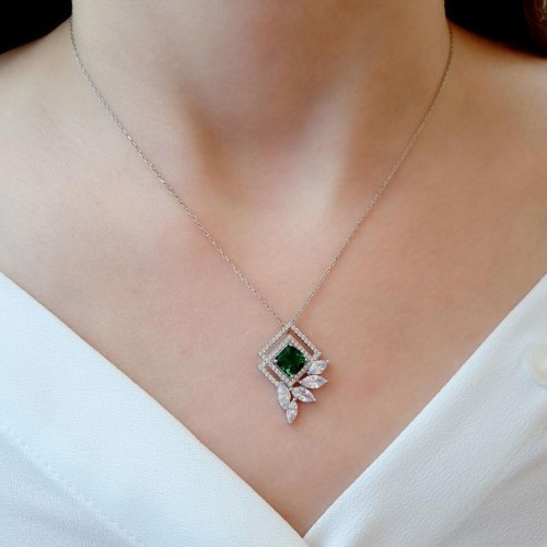 CNG Jewels - Art Deco Zümrüt Yeşili Gümüş Kadın Kolye