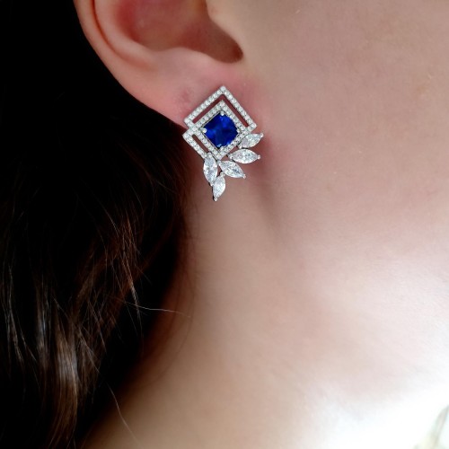 CNG Jewels - Art Deco Safir Mavisi Gümüş Kadın Küpe