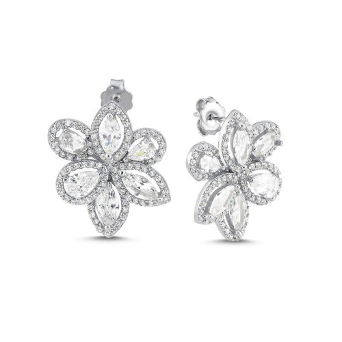 Asimetrik Markiz Taşlı Papatya Gümüş Küpe - CNG Jewels