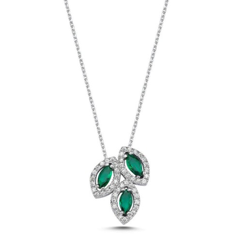 CNG Jewels - Asimetrik Tria Yeşil Markiz Gümüş Kadın Kolye