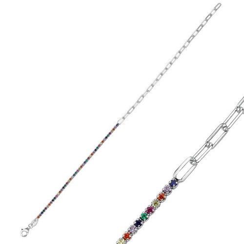 Paperclip Chain Colorful Stone Waterway Women's Silver Bracelet - CNG Jewels