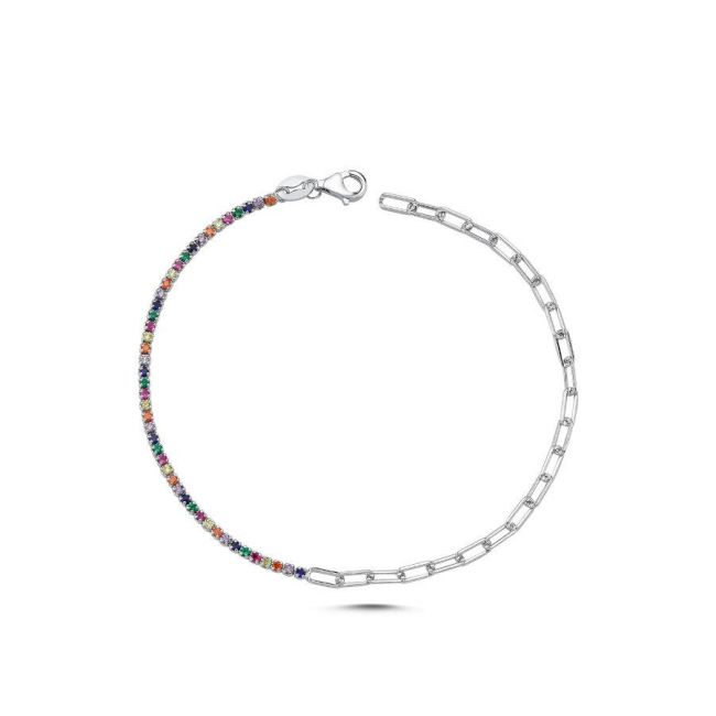 Ataş Zincirli Renkli Taşlı Gümüş Su Yolu Bileklik - 2