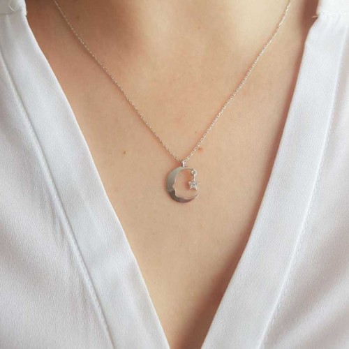 Atatürk Silüeti Küçük Ayyıldız Gümüş Kadın Kolye - 2