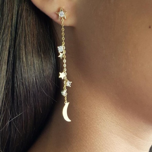 CNG Jewels - Ay ve Yıldız Zincirli Taşlı Gold Gümüş Bayan Küpe